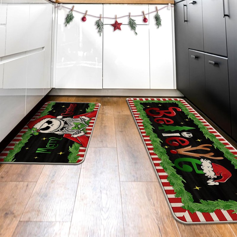 Christmas Believe Kitchen Rugs Set of 2 - Holiday Jack & Santa Door Mats