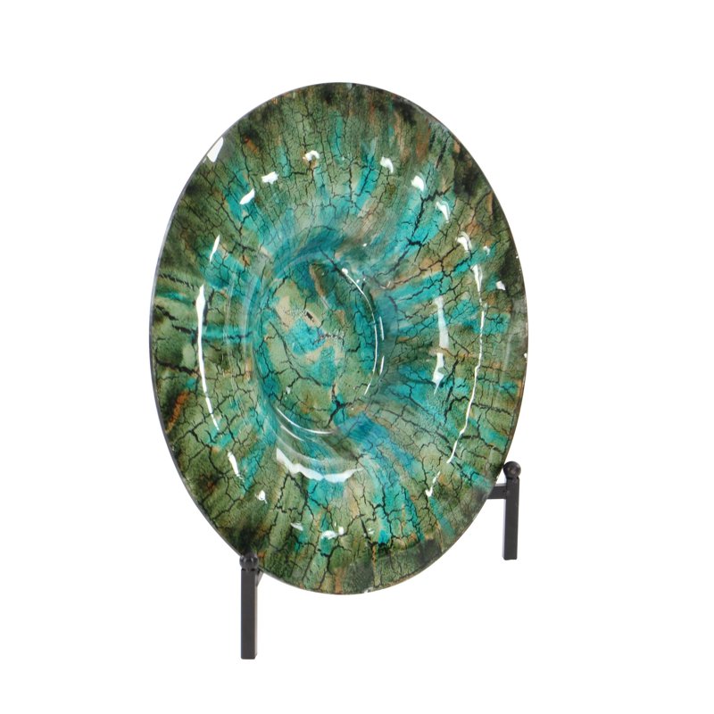 18" Round Handmade Textured Green Glass Charger Plate with Stand