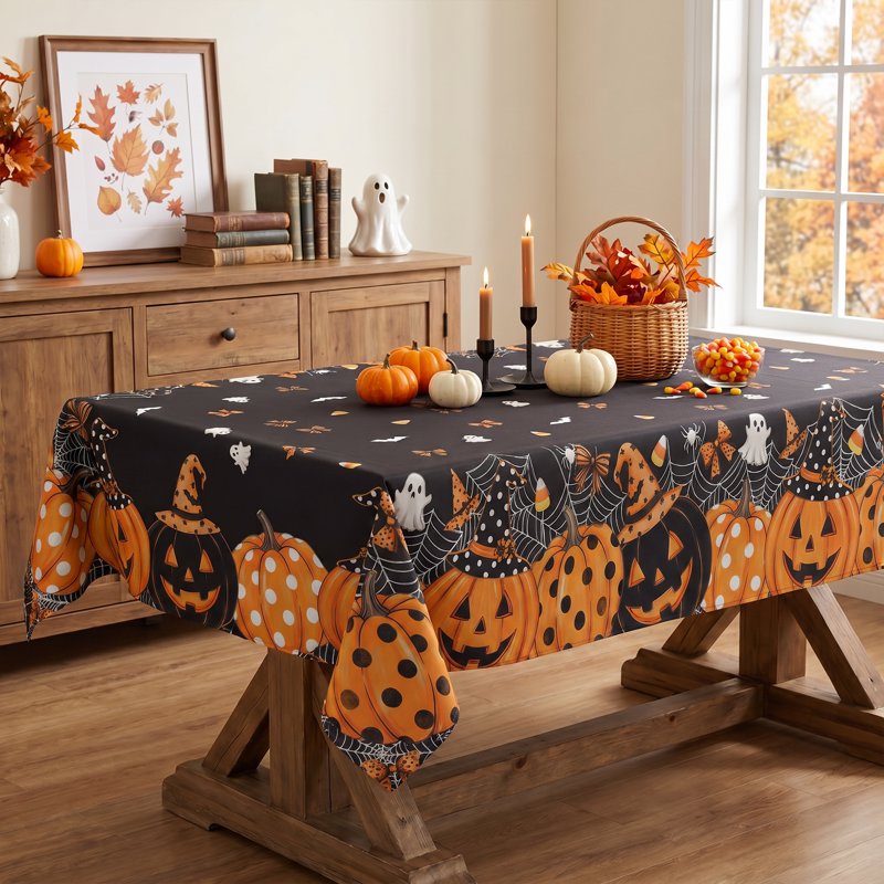 Halloween Tablecloth with Ghost Bat Pumpkin Web 60x104 Inch Wrinkle-Resistant & Washable