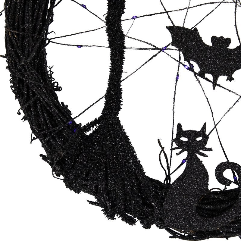 LED Halloween Wreath with Bats and Purple Lights - 13 Inch Black Twig Decor