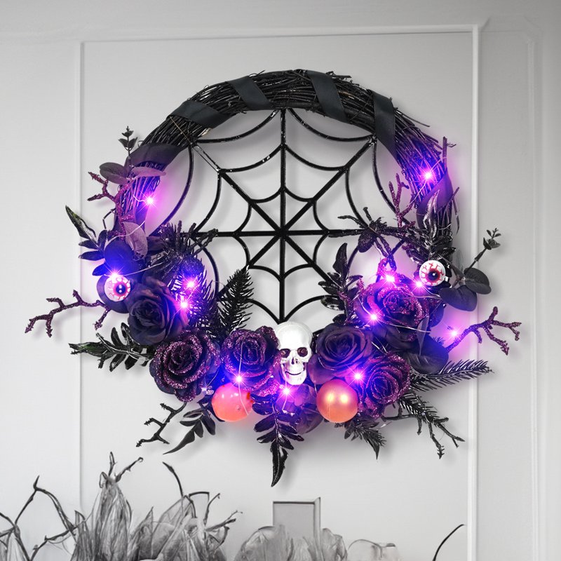 Halloween Wreath Front Door Decoration 18-Inch Artificial Skull with Pumpkin Spider Lights