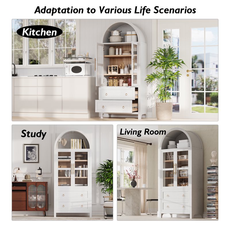 Arched Storage Cabinet with Glass Doors - White, Adjustable Shelves & Drawers