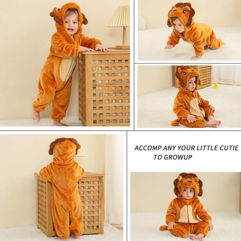 Baby Animal Costume Romper - Unisex Flannel Lion Jumpsuit 6-12 Months