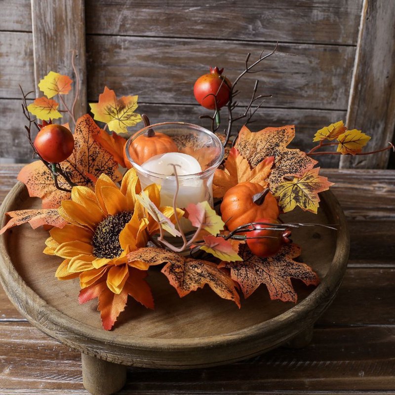 Autumn Pumpkin Maple Leaf Candle Ring Wreath - Fall Harvest Table Decor - Variation A