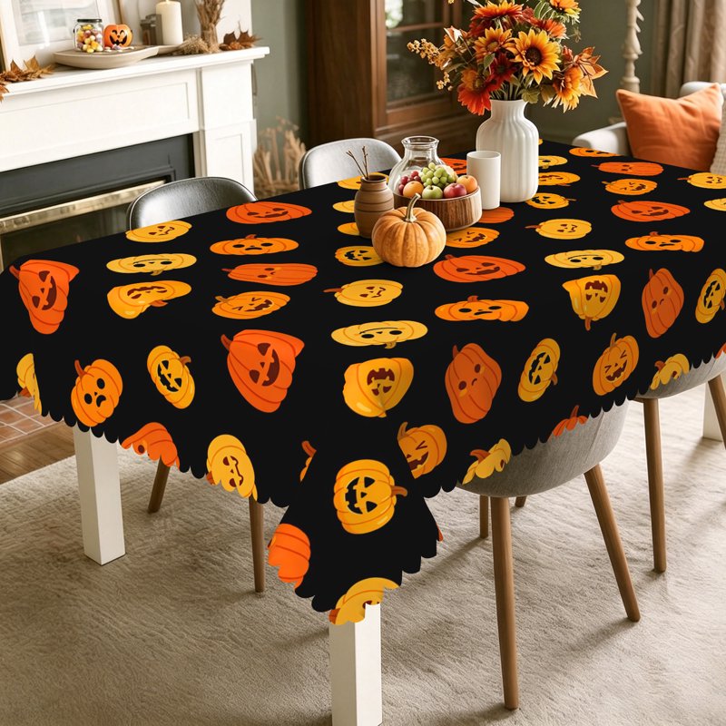 Halloween Tablecloth 60x84 Inches - Black Spooky Pumpkin Print, Party Decor