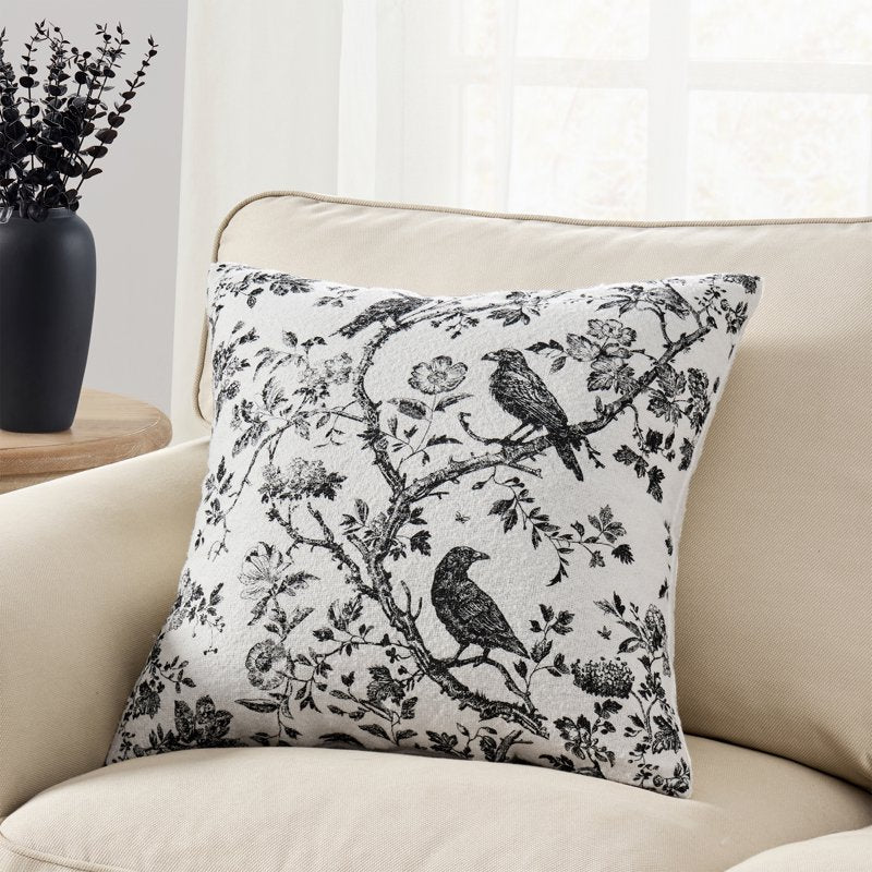 Halloween Raven Toile Decorative Throw Pillow 20x20 Ivory & Black