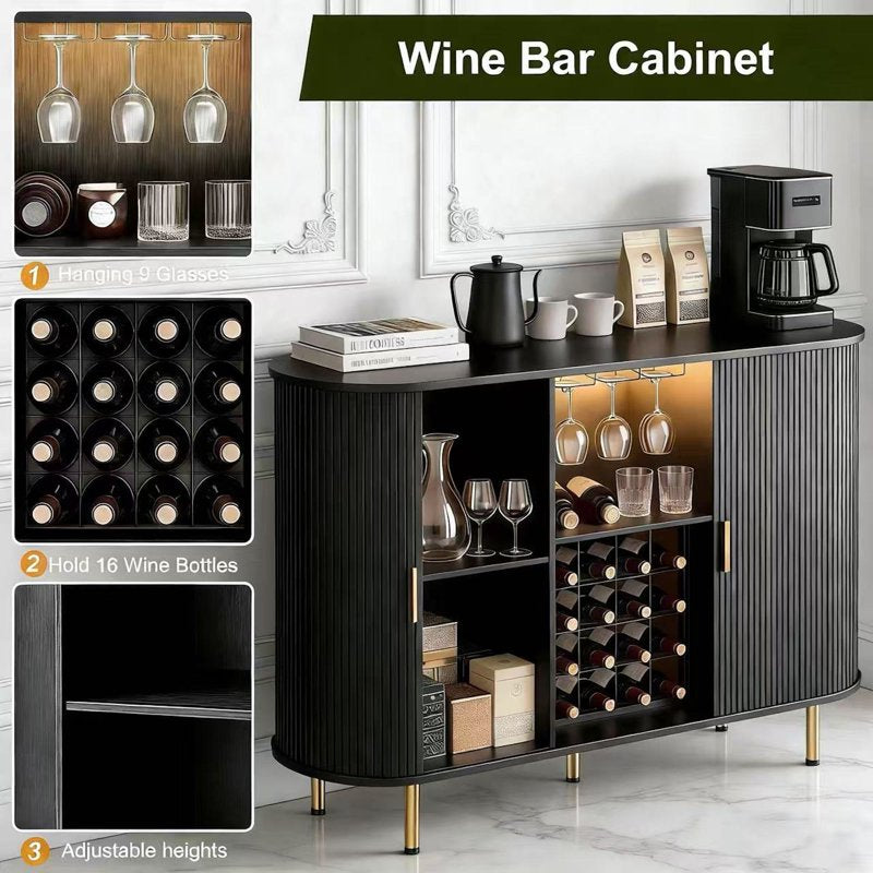 55" Wine Bar Cabinet with Storage & LED Lights - Black