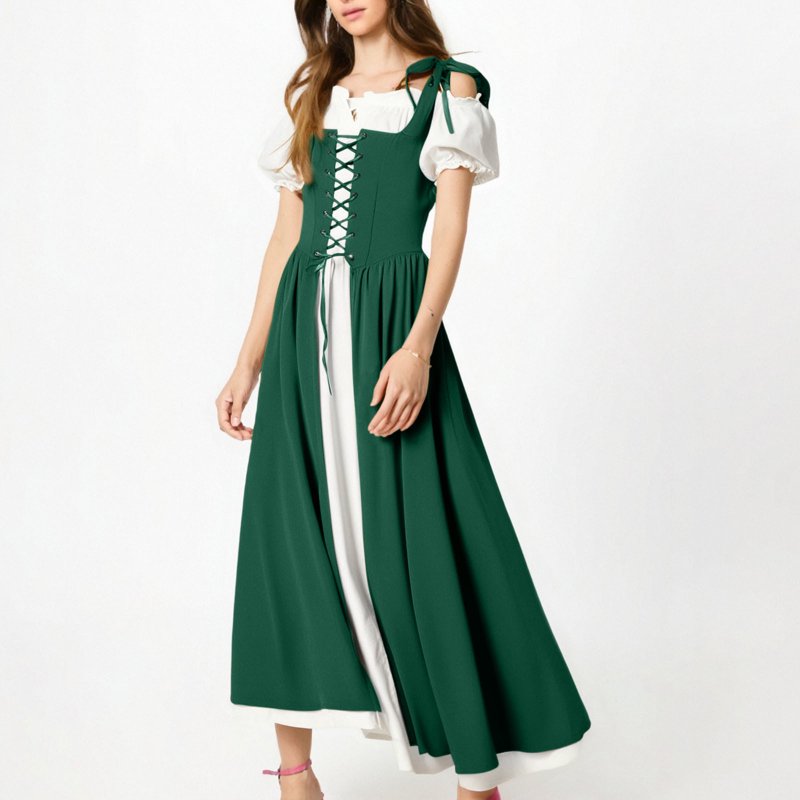 Women's Renaissance Costume Dress Vintage Medieval Gown - Green XL - AA Green