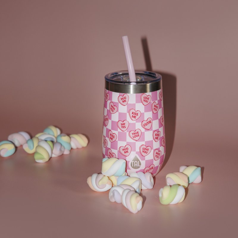 16oz Stainless Steel Wine Tumbler with Straw - Candy Hearts