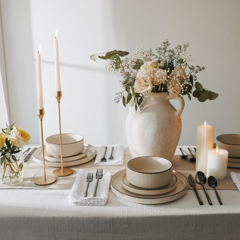 Ceramic Dinner Plate with Bronze Rim - Cream, Durable & Elegant