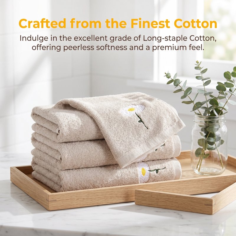 Cotton Hand Towels Set - Floral Embroidered, Soft & Absorbent, 4 Pieces Light Brown (13x30 Inch)