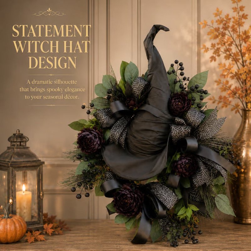 Gothic Black Rose Witch Hat Halloween Wreath Front Door Decor
