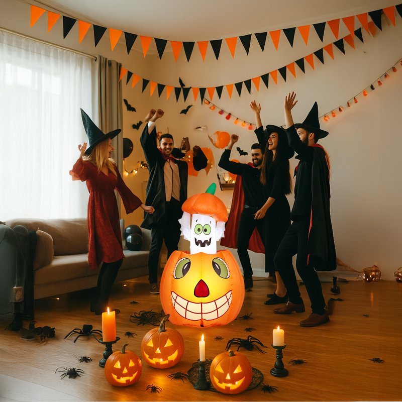 2.8ft Inflatable Halloween Pumpkin Ghost with LED Lights - Outdoor Yard Decor