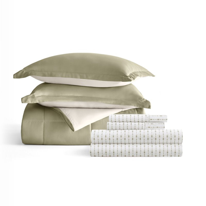 Twin Reversible Comforter & Patterned Sheet Bedding Set with Beaded Arrows Sage/Ivory