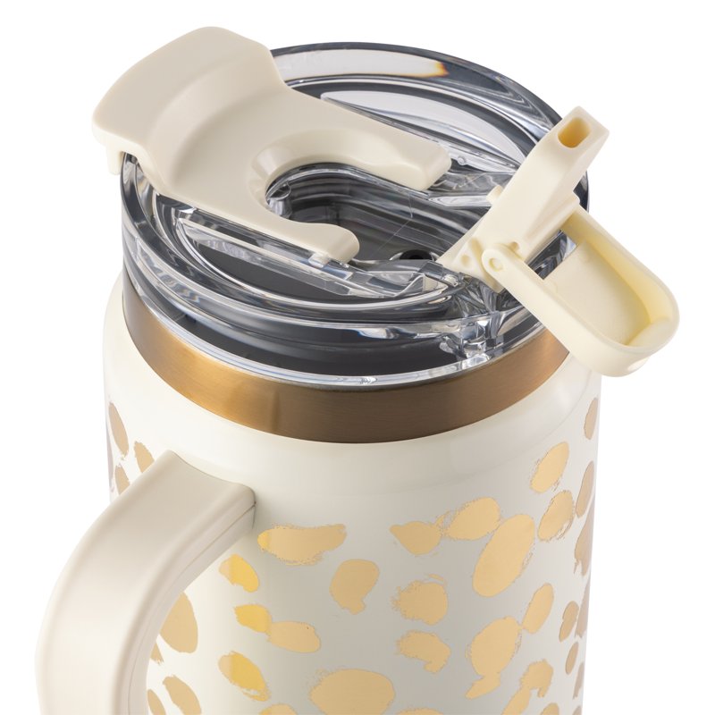 Stainless Steel 32oz Luna Tumbler with Handle & Dual Straw Lid - Cream & Gold Dots