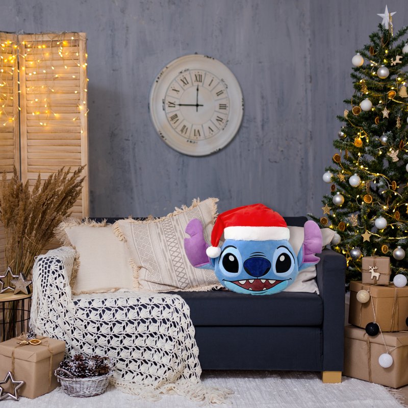 Holiday Pillow with Stitch in Santa Hat - 16-Inch Round Blue Decorative Cushion - Variation: Stitch