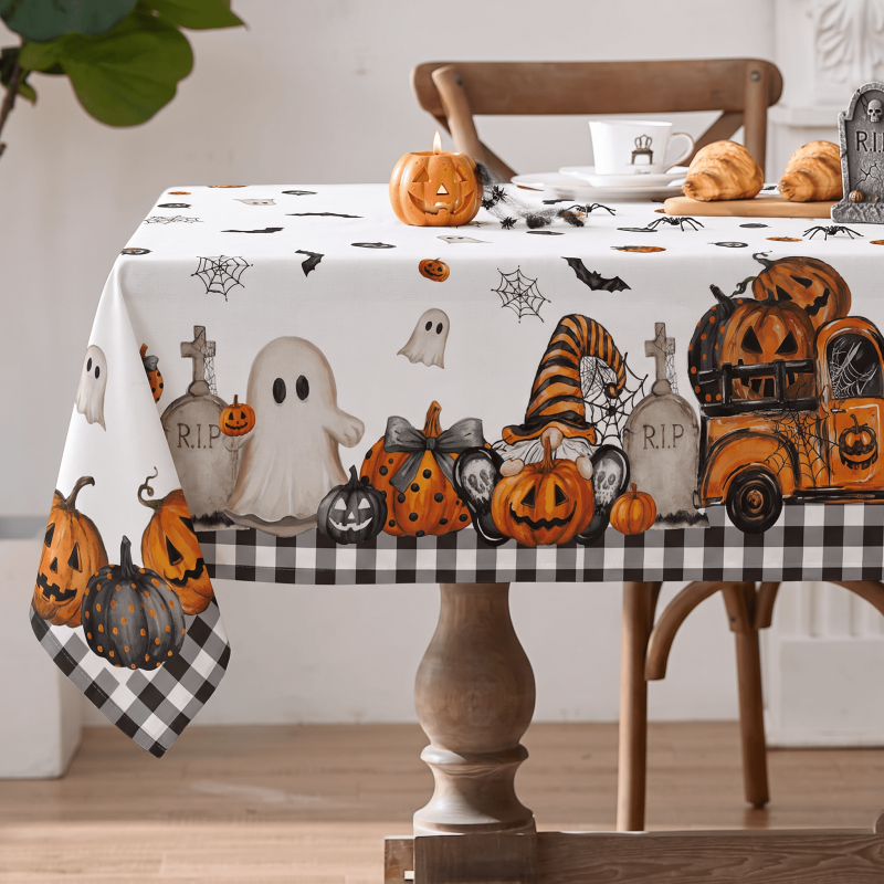 Halloween Tablecloth 60x104 Inch Pumpkin Bat Buffalo Plaid Decor Wrinkle-Resistant & Machine Washable