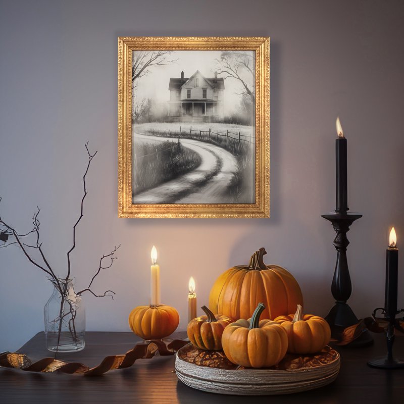 Haunted Path Halloween Art Print 9x11 Framed Wall Decor Under Glass