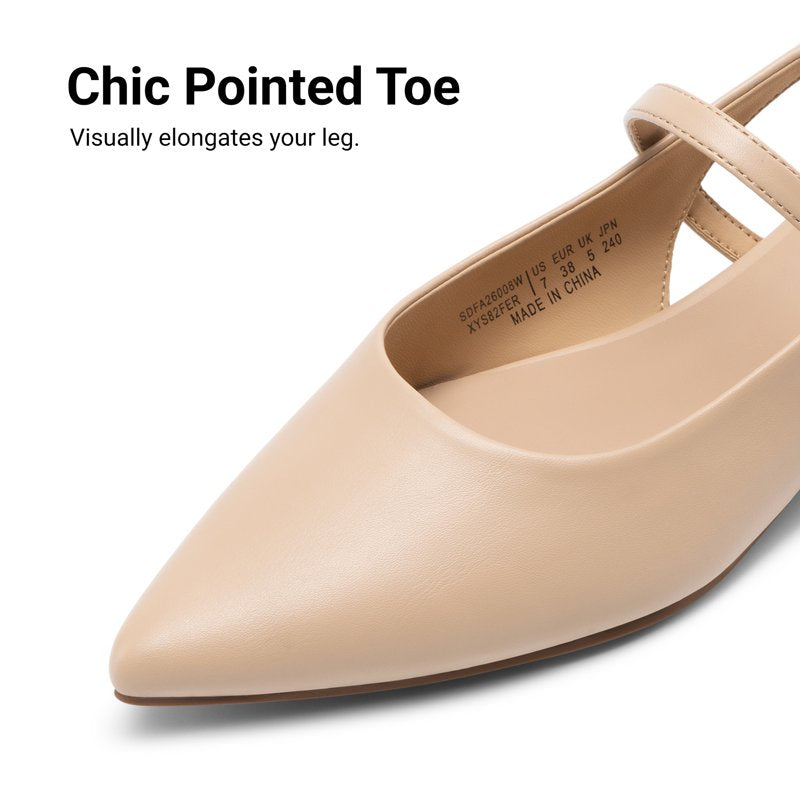 Women’s Pointed Toe Slingback Flats - Nude, Size 8.5, Low Heel Dress Shoes