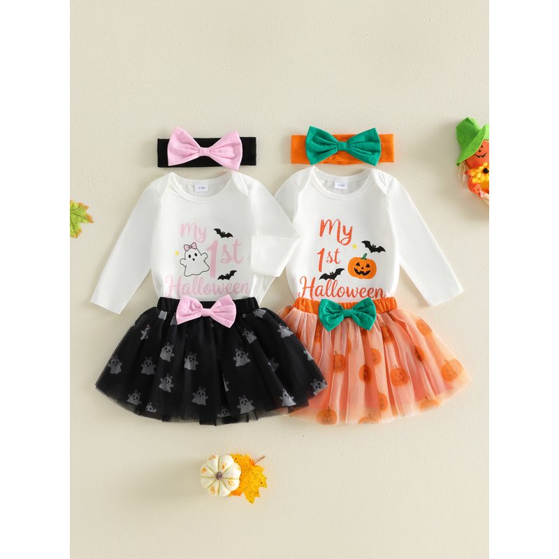 Baby Girl Halloween Romper Set with Tulle Skirt & Headband - Black, 6-9 Months