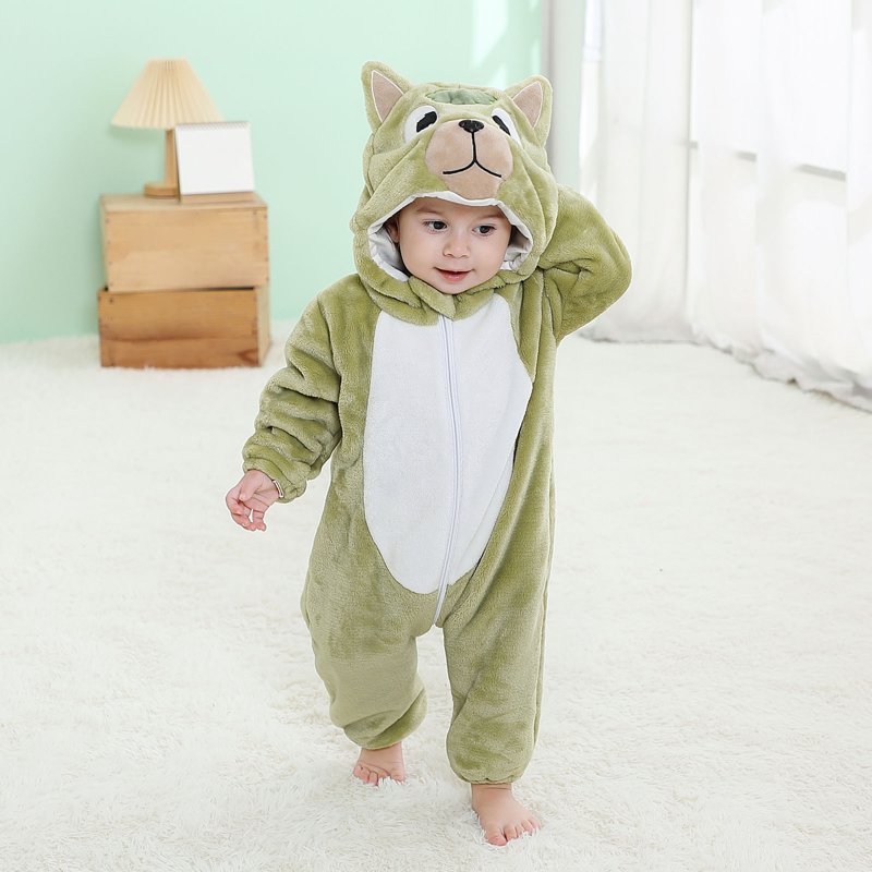 Kids Animal Cosplay Romper - Hooded Flannel Jumpsuit for 12-18 Months - Green D Variation