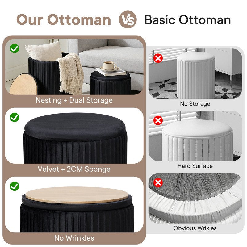 Round Ottoman Set of 2 with Reversible Seats and Storage - Black