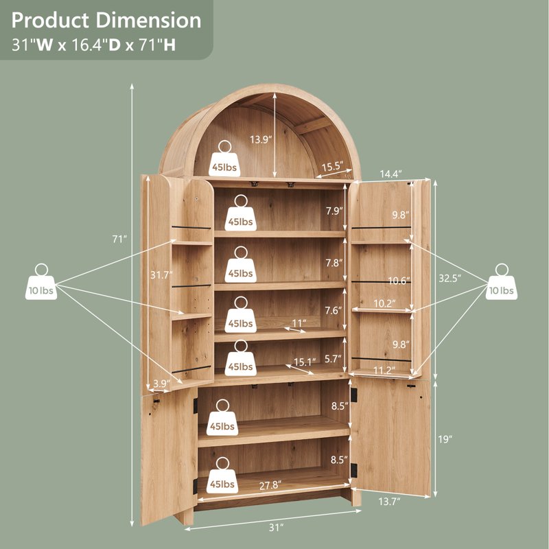 71" Tall Arched Kitchen Pantry Storage Cabinet with Adjustable Shelves