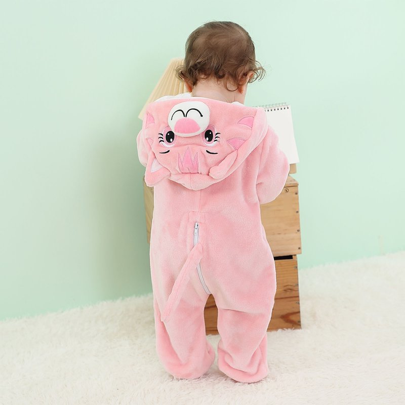 Kids Animal Hooded Romper - Pink, 3-6 Months Cute Flannel Jumpsuit