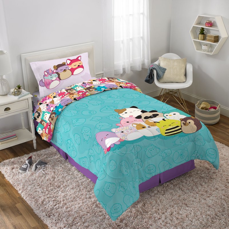 Reversible Kids Bedding Set Twin - Squishmallows Comforter & Sheets, 4 Pieces