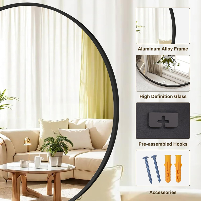 20 Inch Round Wall Mirror with Aluminum Alloy Frame Black - Vanity & Bathroom Decor - Variation of THIS listing