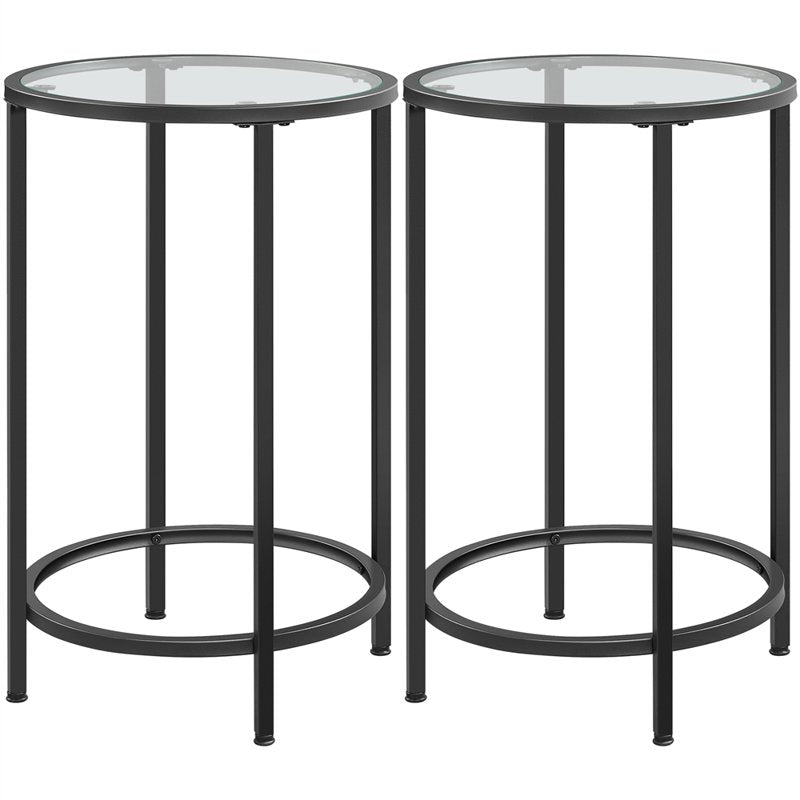 Round Metal End Tables with Glass Top - Set of 2, Black
