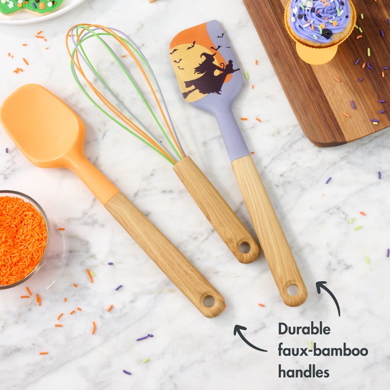 Halloween Baking Tool Set - 3-Piece Silicone Utensils with Faux Bamboo Handles