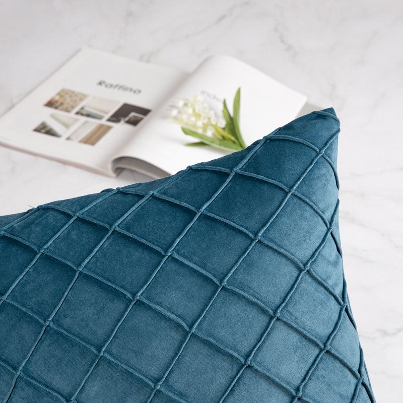 Blue Pleated Velvet Pillow Covers 18x18 Set of 2 - Decorative Throw Pillow Cases for Couch & Bed