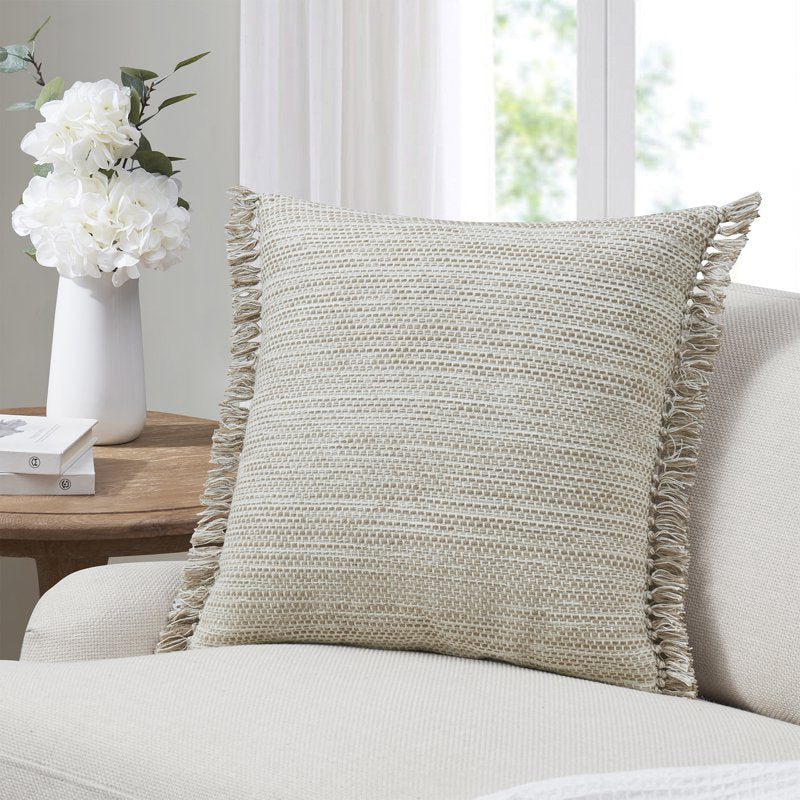 Taupe Reversible Cotton Throw Pillow with Fringe & Plaid Stripes - 20x20 Inches