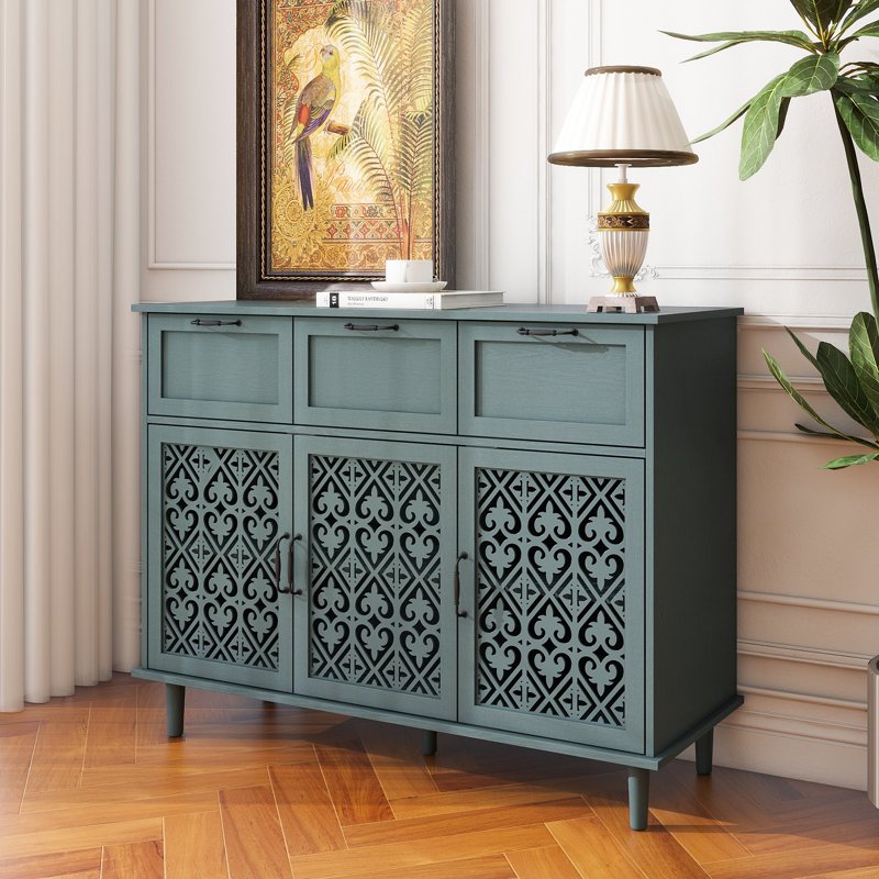 Retro Hollow-Carved 3 Door 3 Drawer Sideboard Cabinet - Dark Green