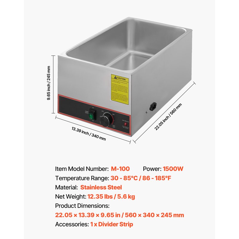 Commercial Electric Food Warmer - 1500W Stainless Steel Bain Marie