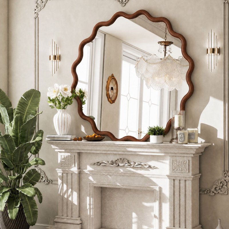 Easy4Home Wavy 30x30 Inch Wall Mirror with Solid Wood Walnut Frame