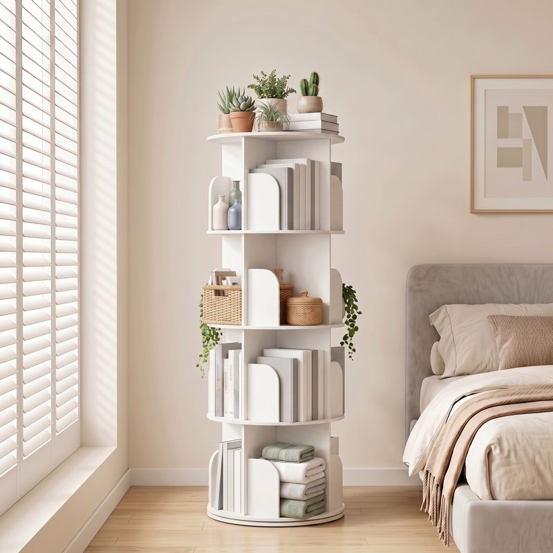 360° Rotating Bookshelf - 4 Tier White Bookcase Storage Rack