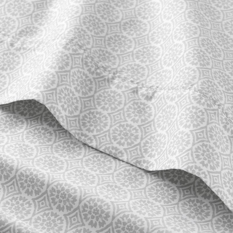 Twin Cotton Sateen Sheet Set with Wrinkle-Resistant Finish - Suzani Soft Silver