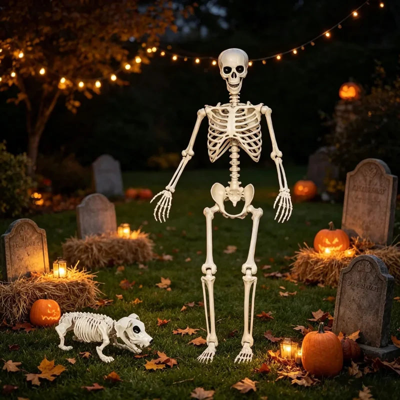 Halloween Skeleton Set – 2 Pcs Posable Human & Dog Skeleton Decorations Indoor Outdoor