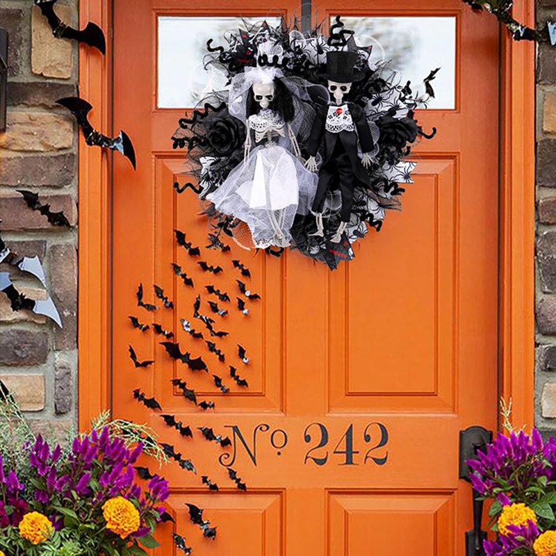 Halloween Creepy Wreath for Front Door 16 Inch Skeleton Bride and Groom Decor