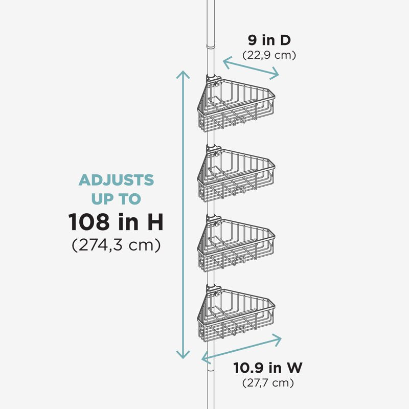 Adjustable Satin Nickel Shower Tension Pole Caddy with 4 Removable Baskets
