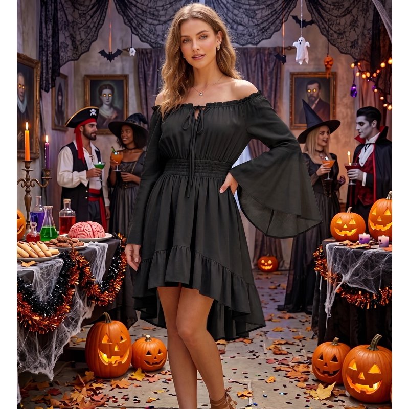 Women's Gothic Pirate Off Shoulder Mini Dress S - Black, Flowy Halloween Costume