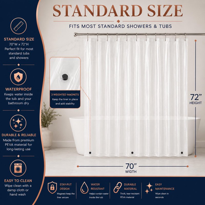 White Heavyweight PEVA Shower Curtain Liner with Magnets - 70x72 Inches