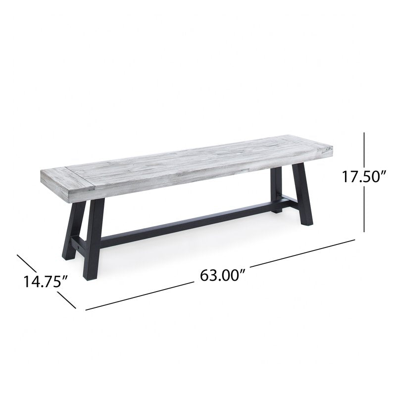 Outdoor Acacia Wood Bench - Sandblasted Light Gray/Black Rustic Metal