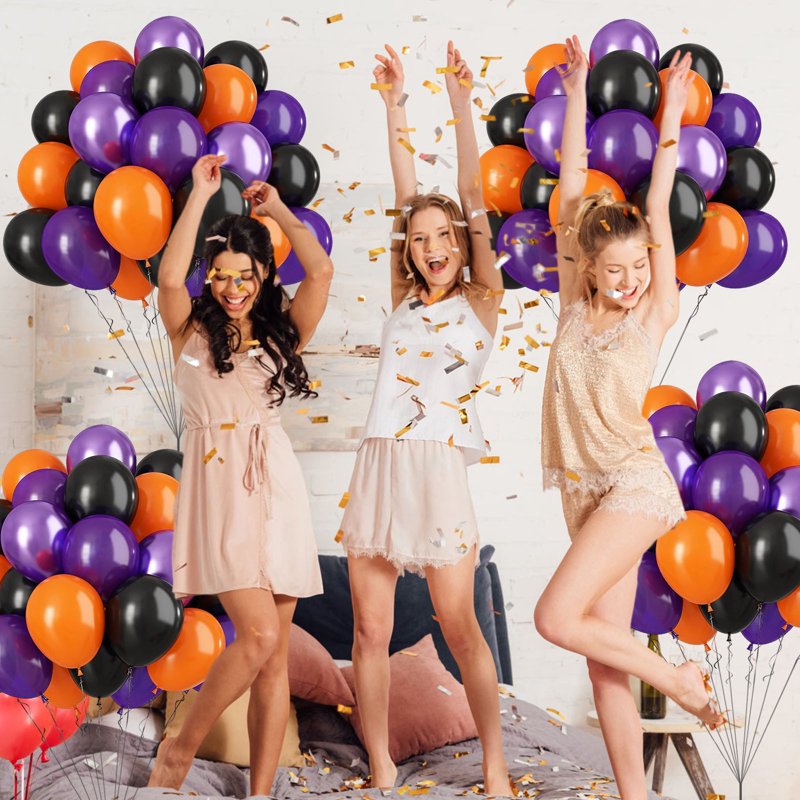 Halloween & Birthday Latex Balloons Set - Black & Orange Confetti, 30pcs - Variation B
