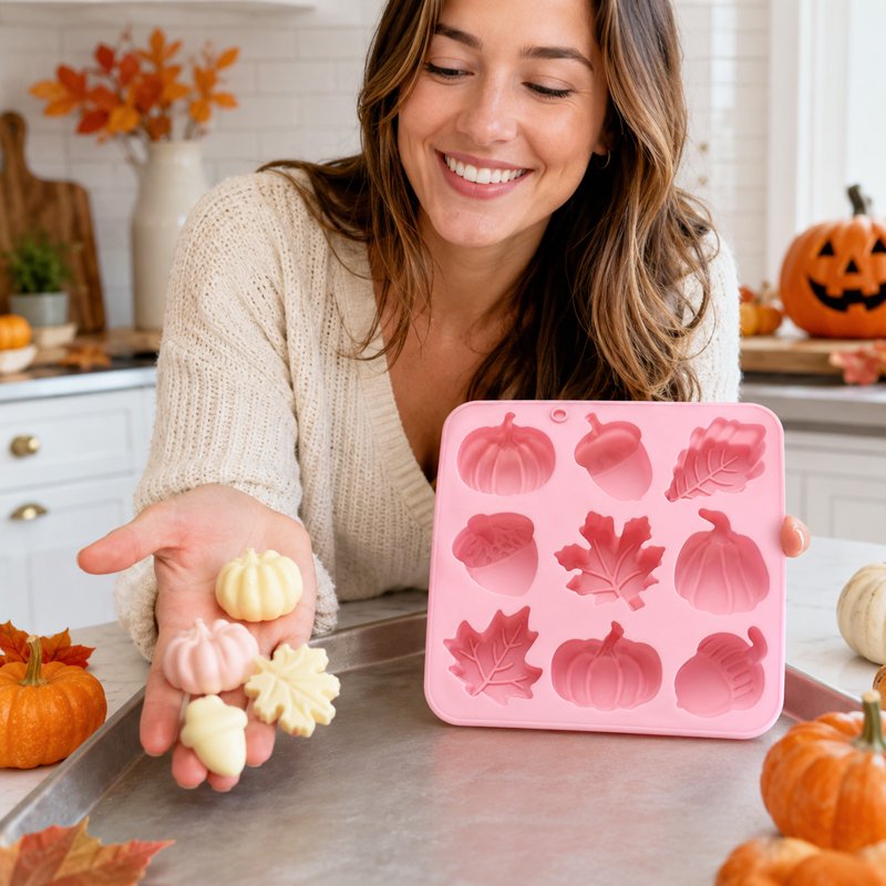 Pink Autumn Pumpkin Maple Leaf Acorn Silicone Mold, 9-Cavity Fall Baking & Craft