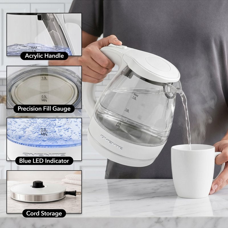 1.5L Electric Glass Kettle - White, Fast Boiling, BPA-Free