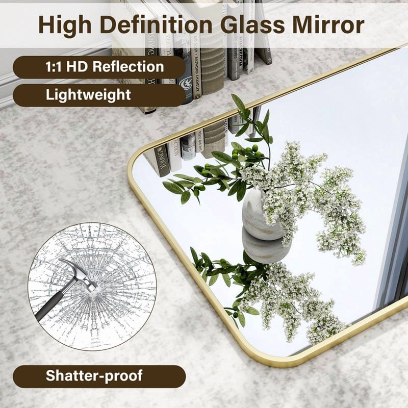 Rectangular Bathroom Mirror 28x20 Inches - Gold Wall-Mounted Vanity Mirror with Rounded Corners