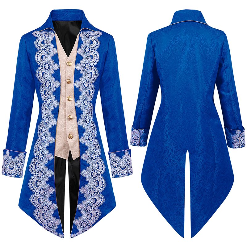 Men's Steampunk Swallow-Tailed Coat Patchwork Gothic Victorian Costume Blue L